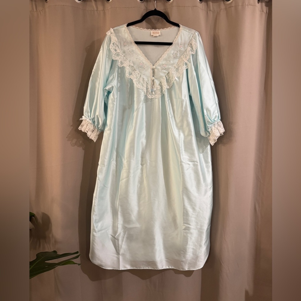 Barbizon Vintage Elegant Lace Trim Nightgown - Light Blue
